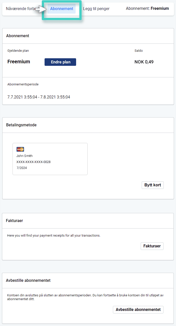 Billing section subscription tab Faktureringsdelen. Abonnement-fanen er uthevet