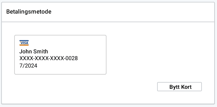 Payment method section Faktureringsdelen, betalingsmåtedelen. Bytt kort