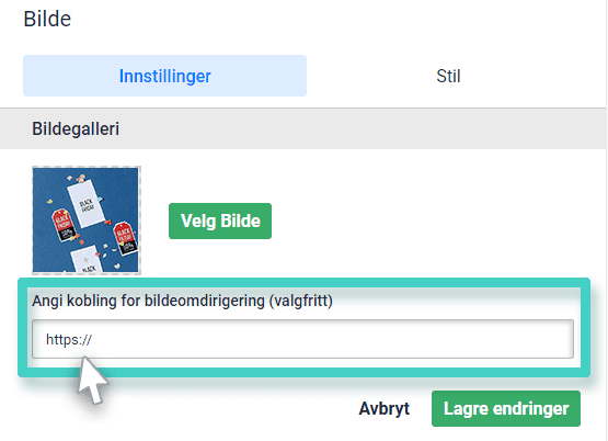 E-postskaper, bildewidget. Mulighet for å angi bildeviderekobling