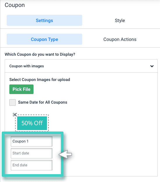 Landing page coupon name validity Define coupon, validity for start and end date time for landing page