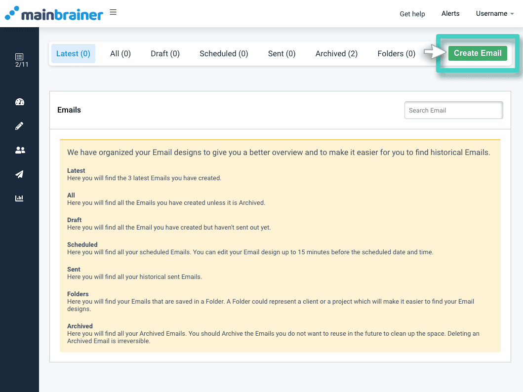 Create email button New email campaign, create email. The create email button is highlighted