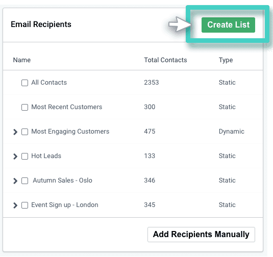 Create email list Email creator, email recipients. Create list button highlighted