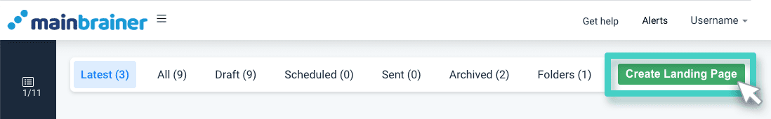 Create landing page button Landing page manager. Create landing page button is highlighted