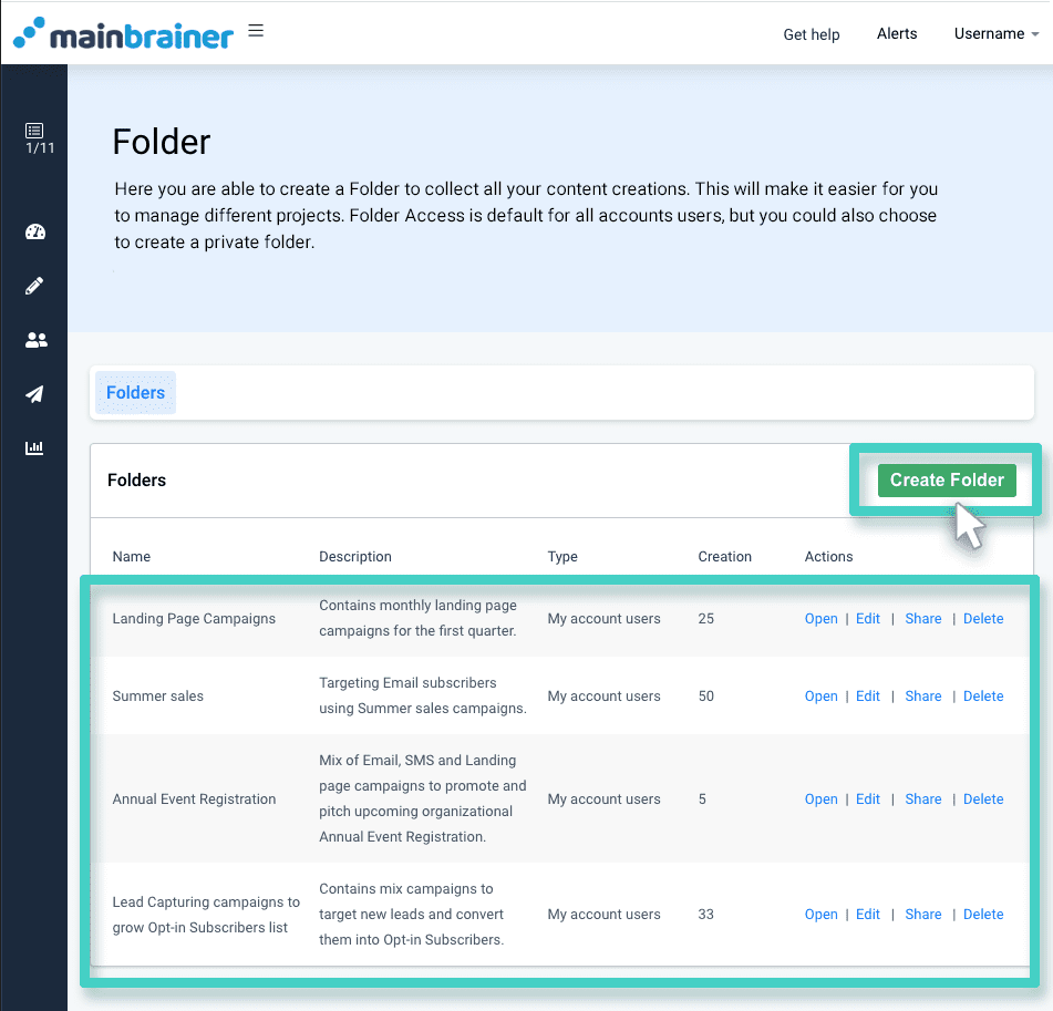 Create a new folder Folder menu, create folder button highlighted