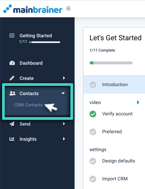 CRM contacts menu Navigate to CRM list, contacts menu. CRM contacts highlighted