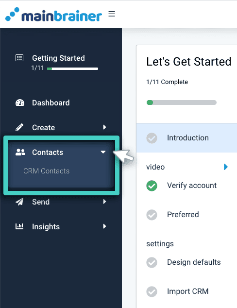 CRM contacts main menu Enter CRM. Contacts menu, CRM contacts is highlighted