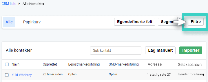 CRM filters button CRM, alle kontakter. Filtre-knappen er uthevet
