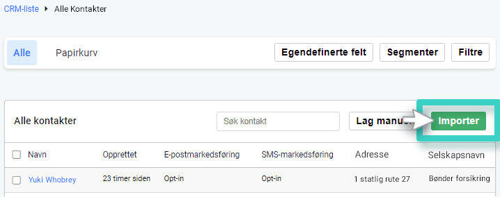 CRM import button CRM, alle kontakter. Importer-knappen er uthevet