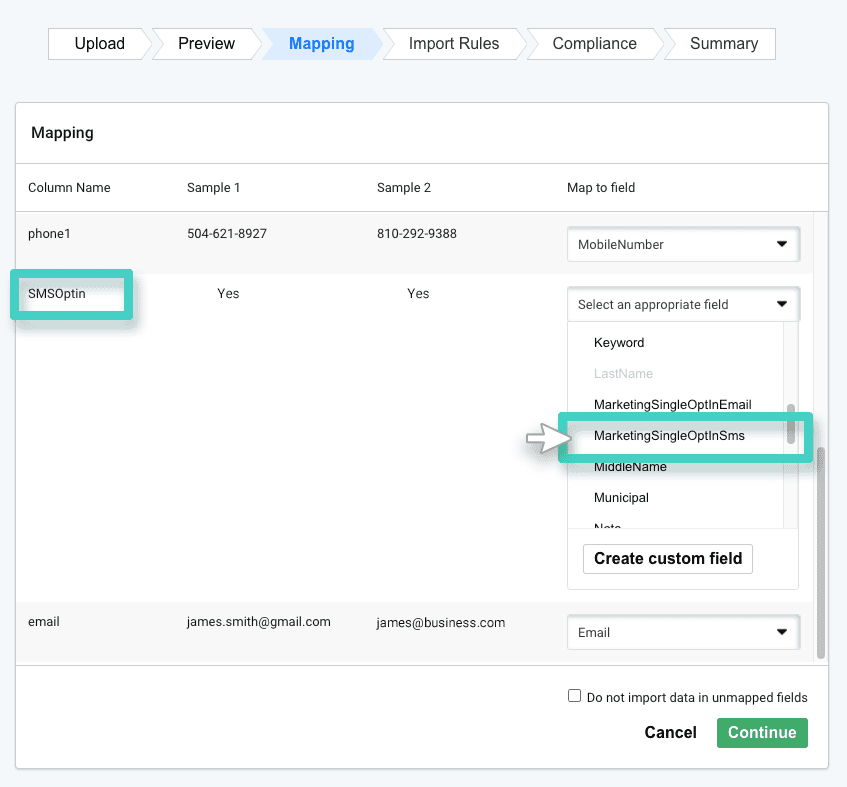 Map to field dropdown menu with marketing single opt in SMS highlighted
