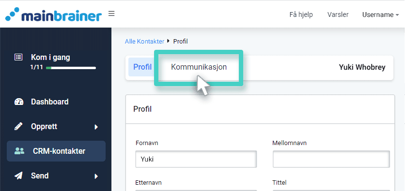 CRM contact profile communication CRM, kontaktprofil. Kommunikasjonsknapp uthevet
