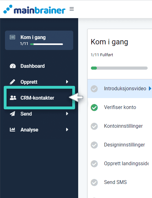 CRM-liste, kontaktmeny. CRM-kontakter uthevet