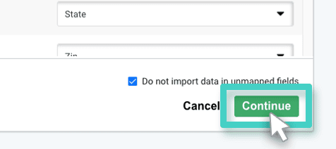 CRM import mapping continue button MainBrainer CRM import contacts, mapping tab. The continue button is highlighted