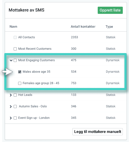 SMS-kampanjemottakere. Listeoversikt. En underliste er uthevet