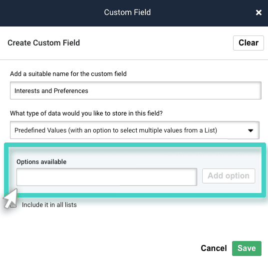 Create custom field. The predefined values with multiple values is selected