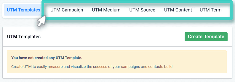 Custom UTM template Create UTM template. The custom UTM templates tab is highlighted