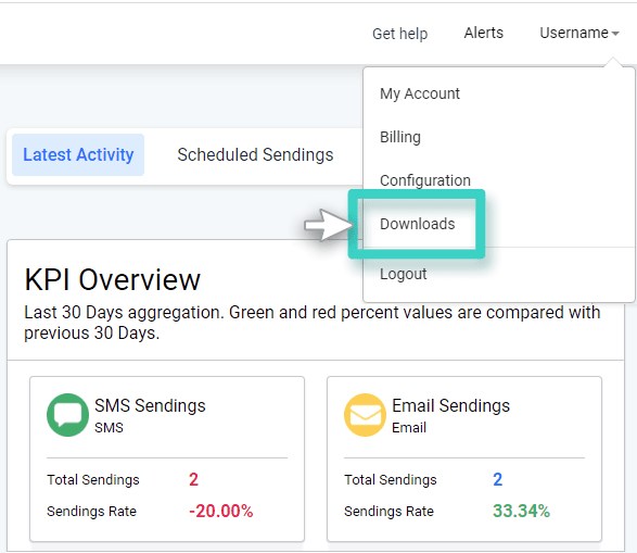 Download report button Download reports, username menu. The downloads button is highlighted