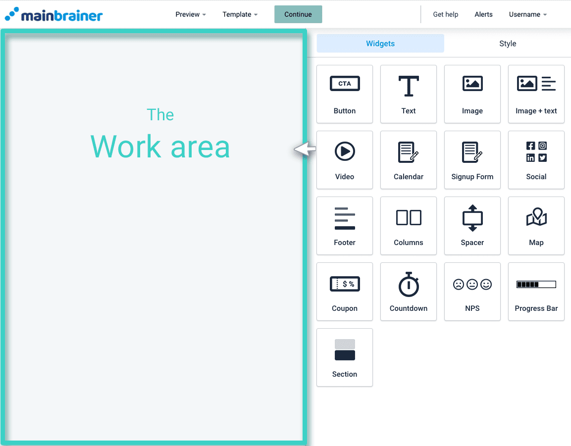 Landing page builder. The work area is highlighted for drag and drop