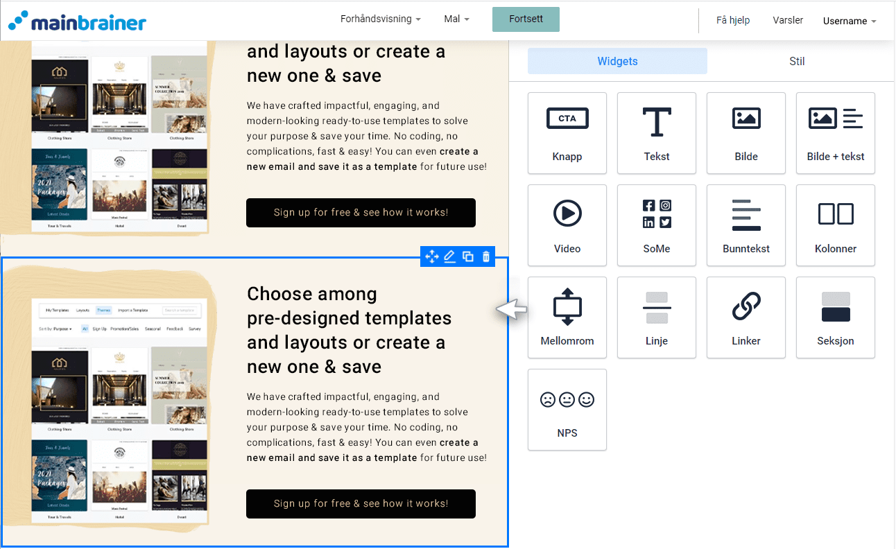 Email section duplicate E-postskaper, seksjonswidget. Eksempel på duplisert seksjon