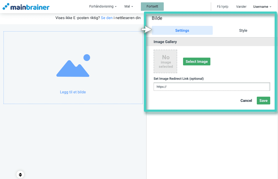 Email creator image widget Ny e-postkampanje, bildewidget. Stilfanen er uthevet