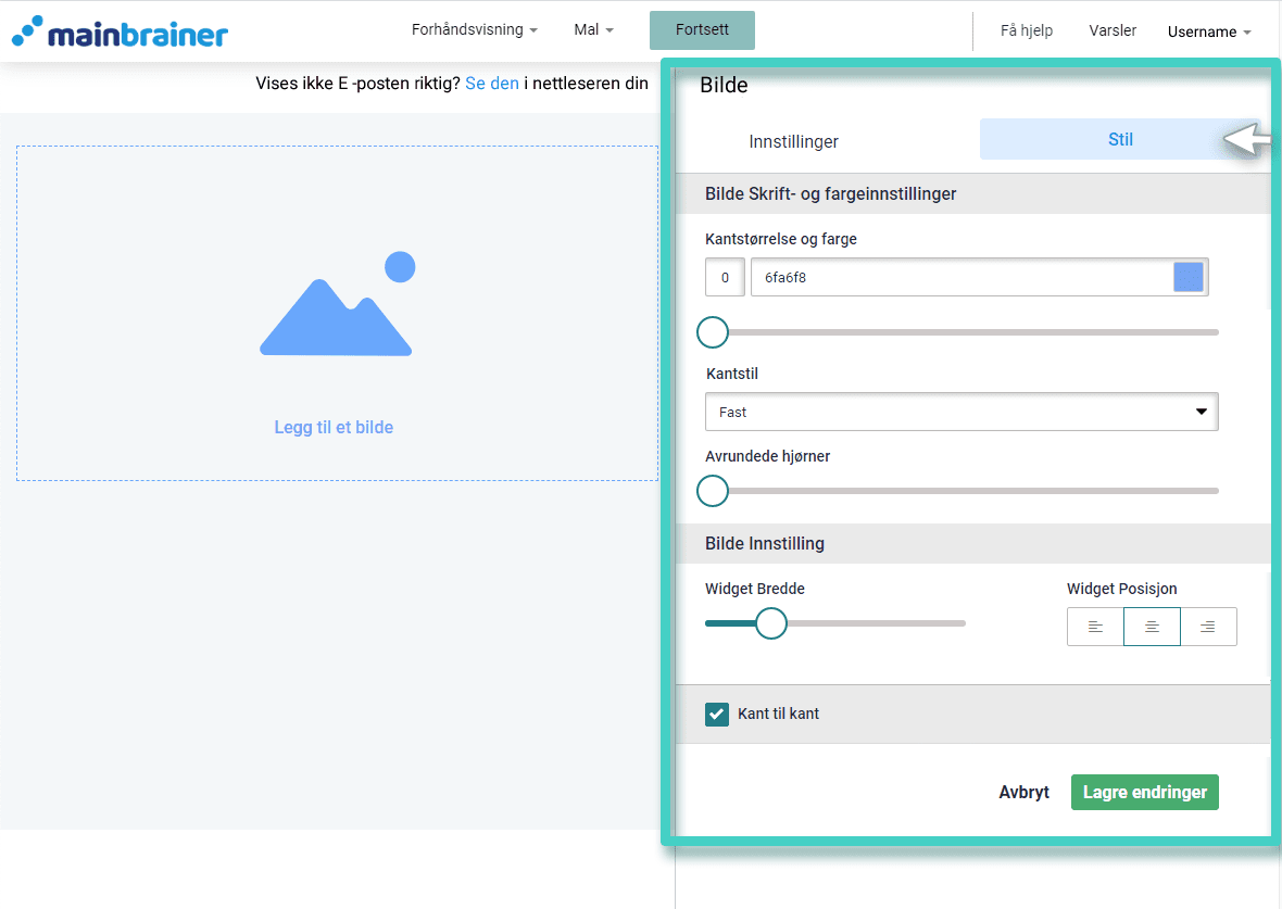 Email creator image style Ny e-postkampanje, bildewidget. Innstillinger-fanen er uthevet