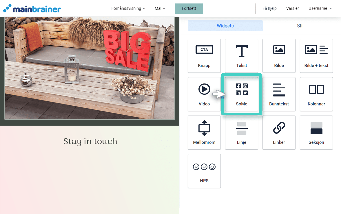 Email social widget E-postskaper, den sosiale widgeten er uthevet