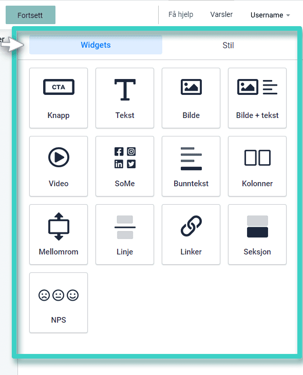 Email creator widgets Ny e-postkampanje, e-postbygger. Widget-fanen er uthevet