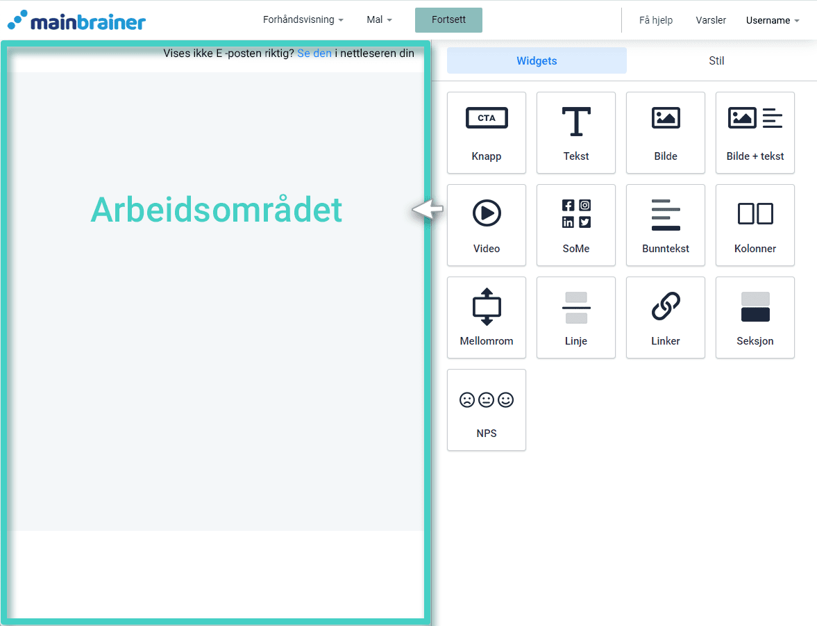 Email creator workarea Ny e-postkampanje, e-postbygger. Arbeidsområdet er uthevet