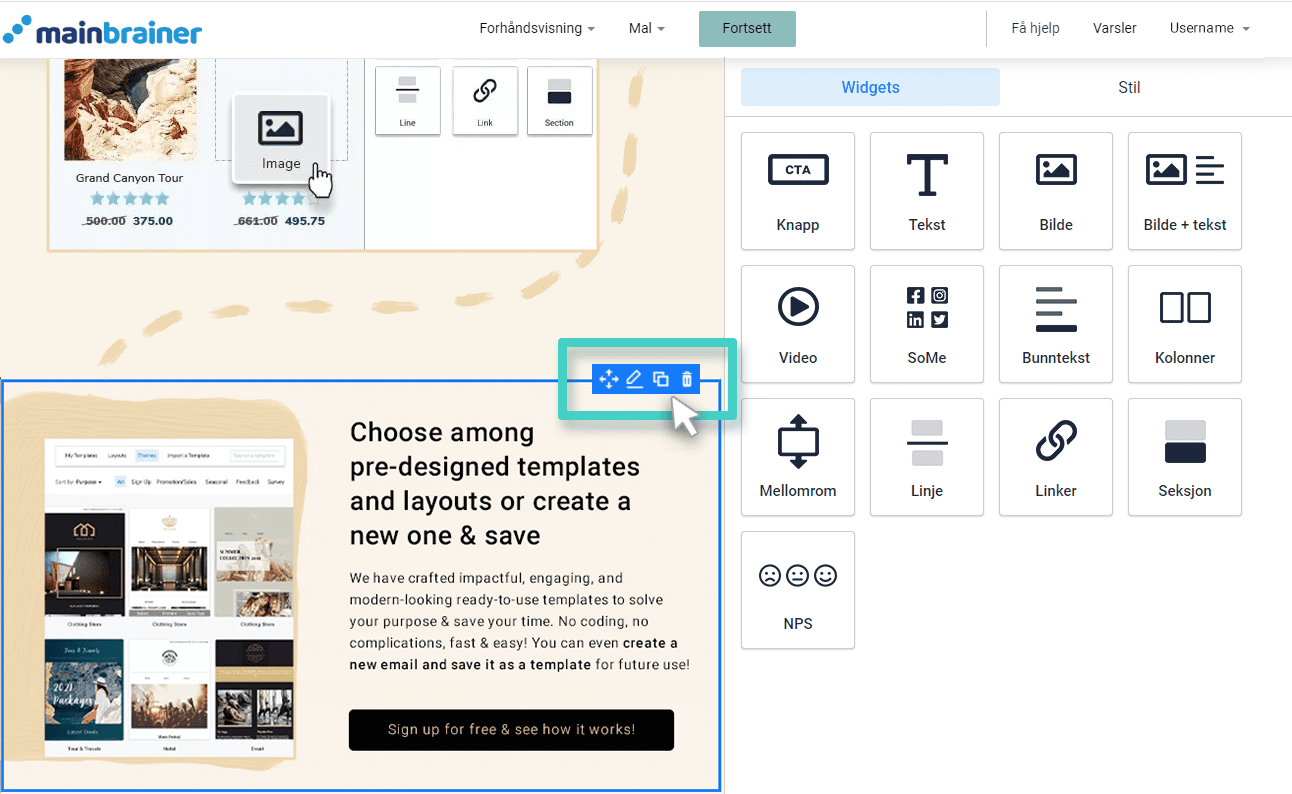 Email section actions E-postskaper, seksjonswidget. Seksjonshandlinger er flytte, redigere, duplisere eller slette