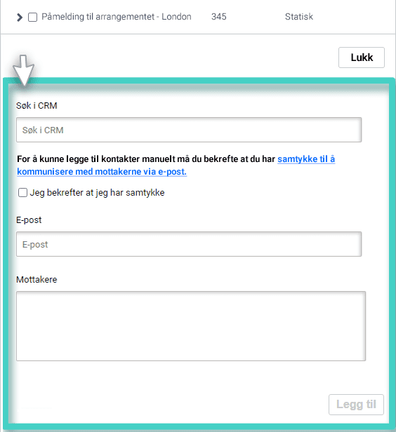 Add recipients manually E-postskaper, e-postmottakere. Legg til mottakere manuelt utvidelse. Søk CRM-alternativ