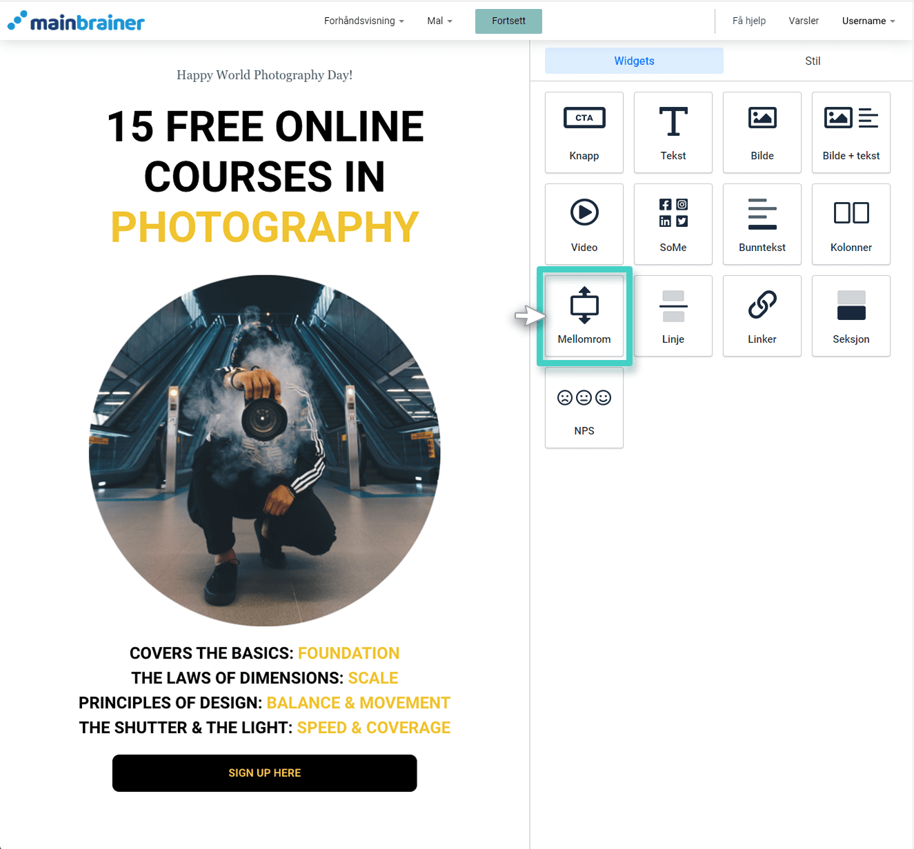 E-postskaper, spacer-widgeten er uthevet