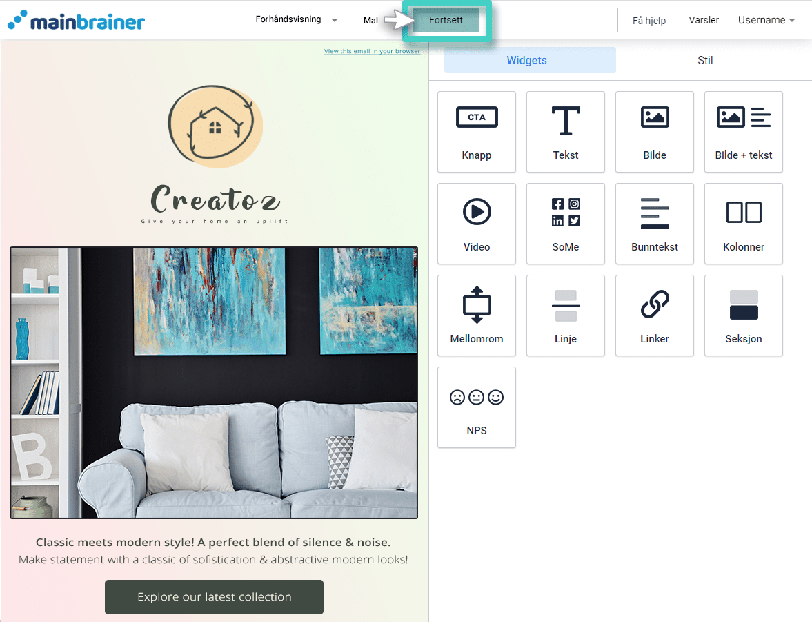Save created email Ny e-postkampanje, e-postbygger. Fortsett-knappen er uthevet