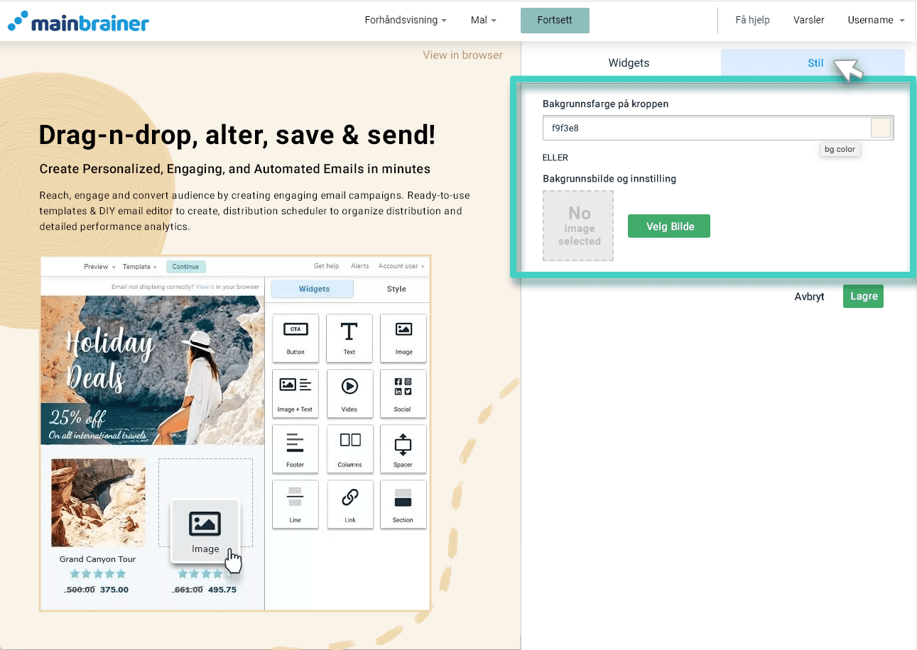 Email link style E-postbygger, URL-widget. Fanen for URL-widgetstil er uthevet