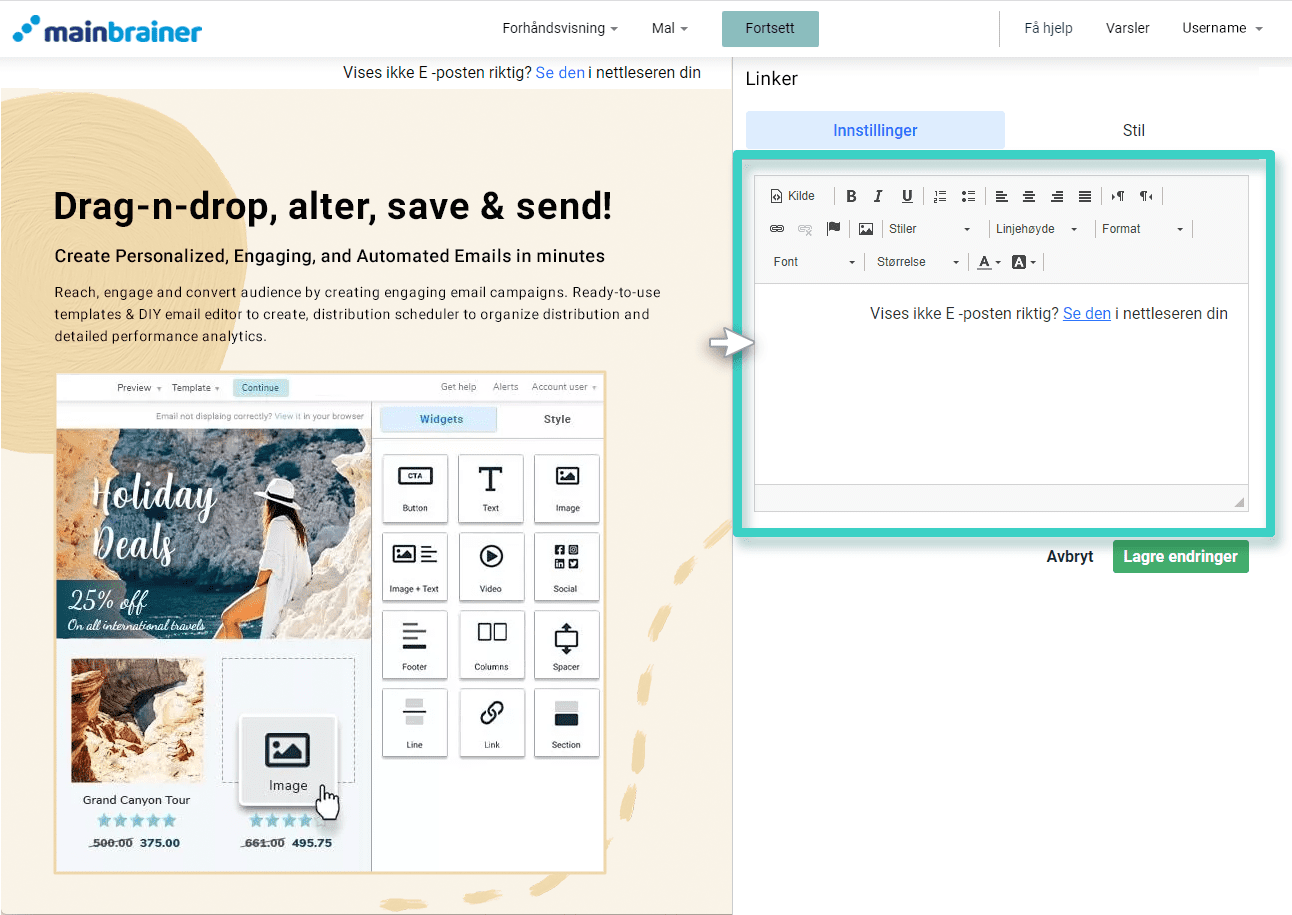 Email link settings E-postskaper, fane for innstillinger for koblingswidget. Tekstredigeringsprogrammet er uthevet