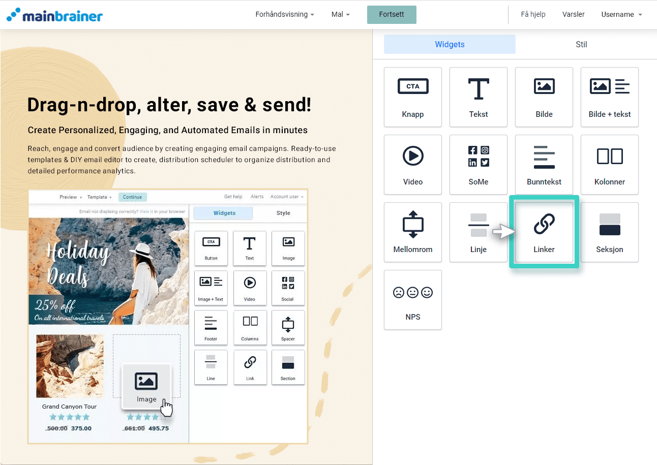 Email creator link widget E-postskaper, koblingsmodul. Koblingsmodulen er uthevet