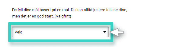 Prefill email goals from template E-postmål. Forhåndsutfyll mål fra mal. Dropdown-menyen er uthevet