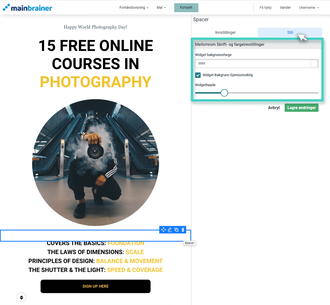 E-postskaper, innstillingsfane for spacer-widget med høydeglidebryteren uthevet