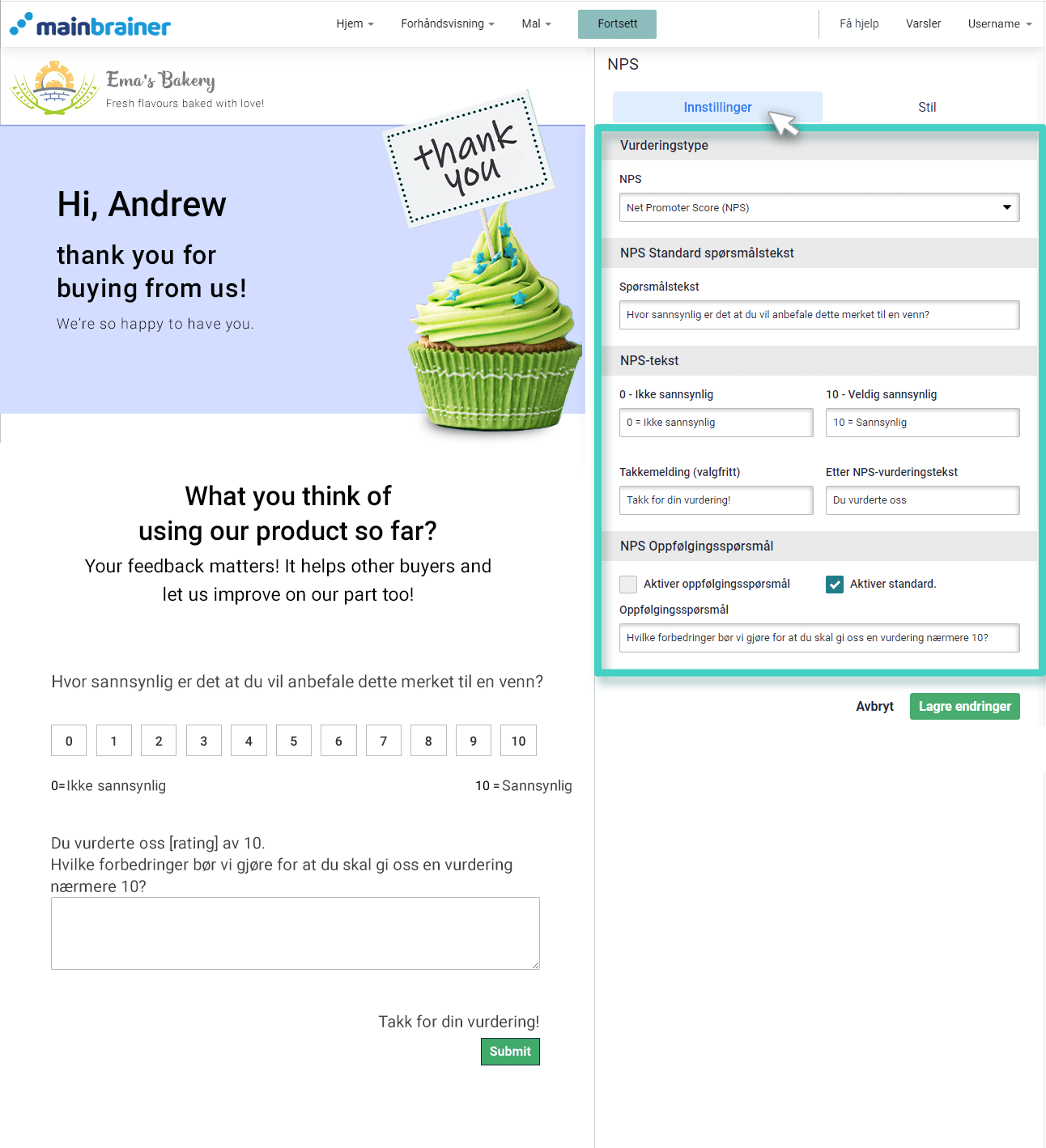 E-postskaper, NPS-widget. Innstillinger-fanen for NPS-widgeten er uthevet