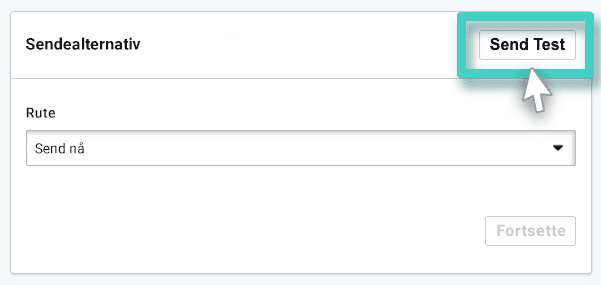 Send test email option Sending av e-postkampanjer, sendealternativer. Send test-knappen er uthevet