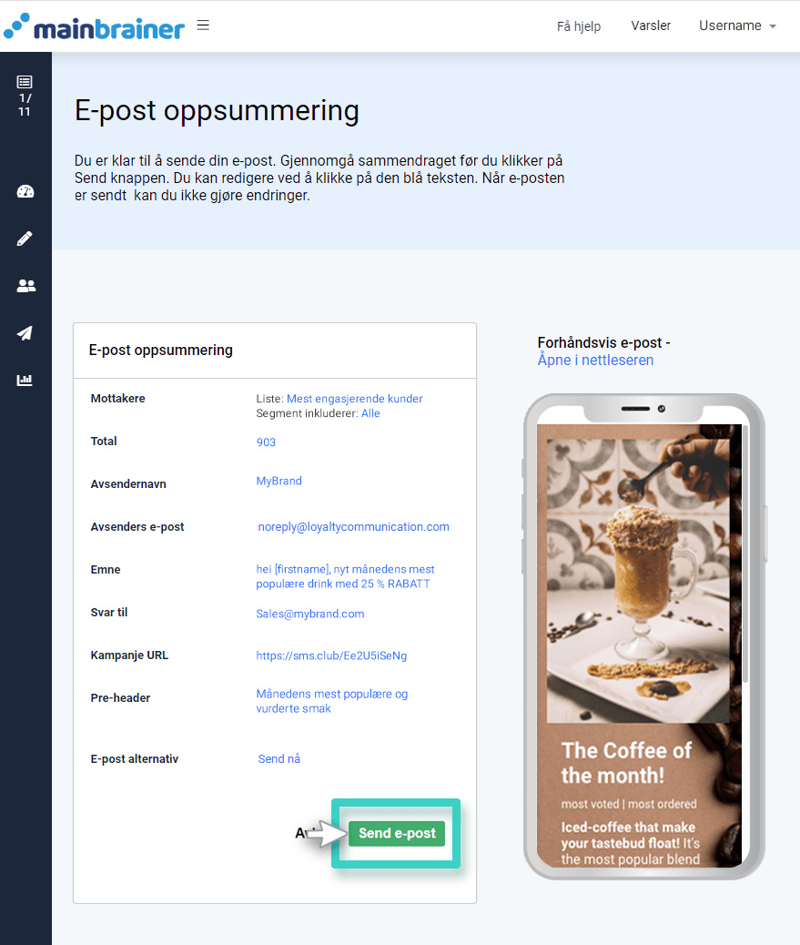Email sending summary Sending av e-postkampanje, e-postsammendrag. Send e-post-knappen er uthevet