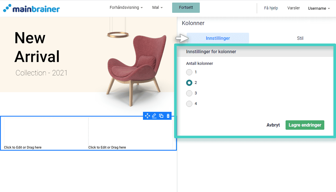 Email columns number E-postskaper, kolonne-widget. Velg antall kolonner