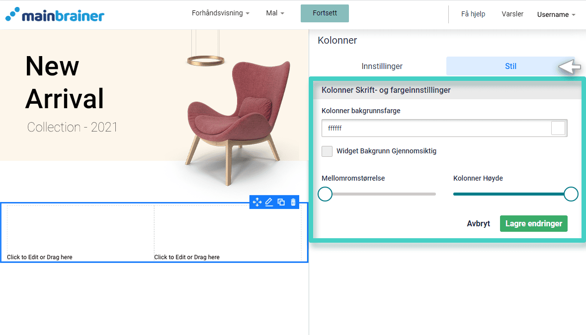 Email columns background Bakgrunnsfarge og layoutinnstillinger for e-postskaper med flere kolonner
