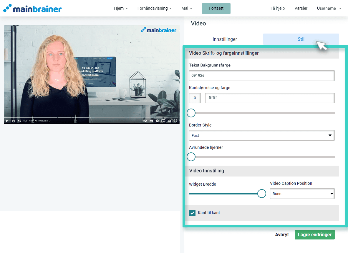 E-postbygger, video-widget. Stilfanen for video-widget er uthevet