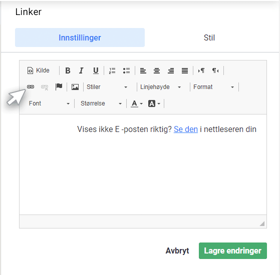 Email link hyperlink E-postbygger, fane for innstillinger for URL-widget. Den ønskede hyperkoblingsteksten er merket
