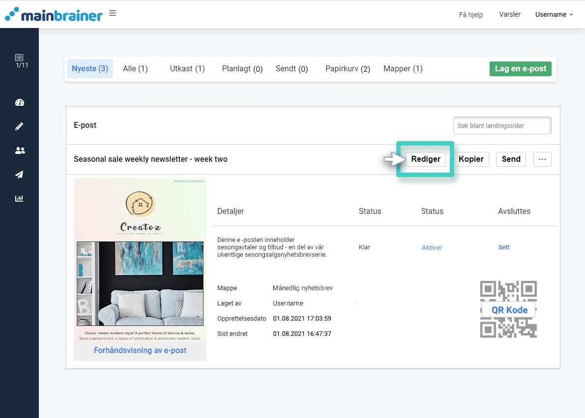 Edit email button Endre tidligere lagret e-postkampanje. E-postliste, redigeringsknappen er uthevet