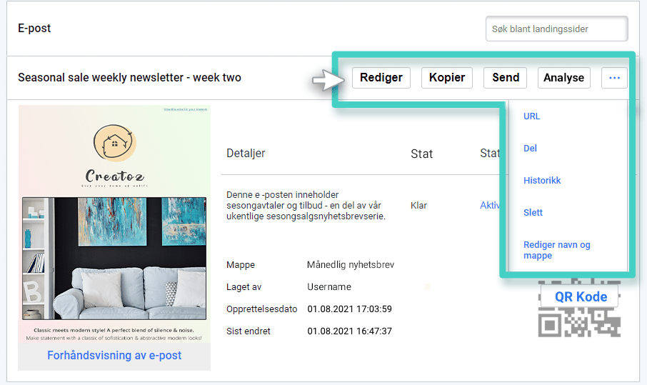 E-posthandlinger. Rediger, Dupliser, Send, Innsikt, URL, Del, Historie, Arkiv og mappe