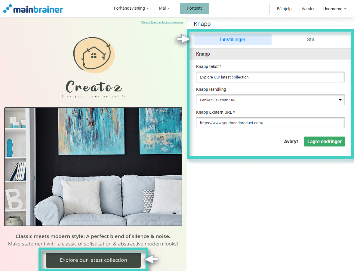 E-postskaper, knappwidget. Knappeinnstillinger-fanen er uthevet