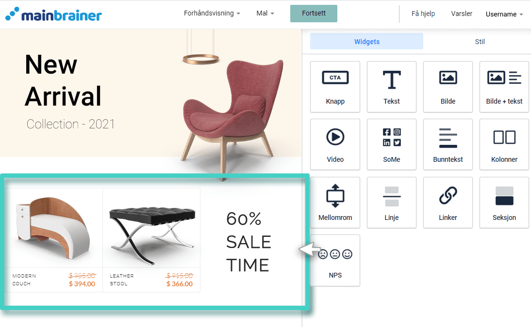 Email columns elements E-postskaper, kolonne-widget. Legg til elementer i kolonnene