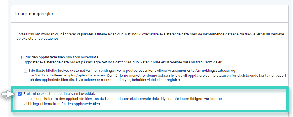 MainBrainer CRM importer kontakter, importregler. Bruk eksisterende data som hoveddata 