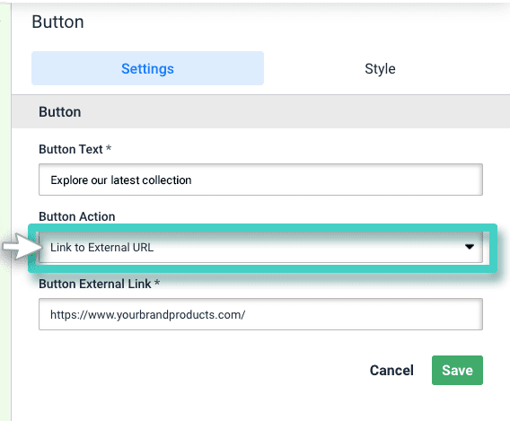 Email button actions Email creator, button widget. Button action field is highlighted