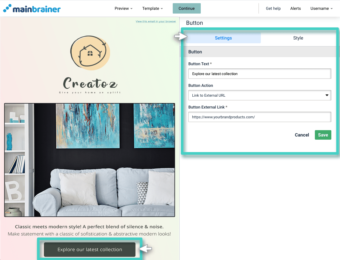 Email button settings Email creator, button widget. Button settings tab is highlighted